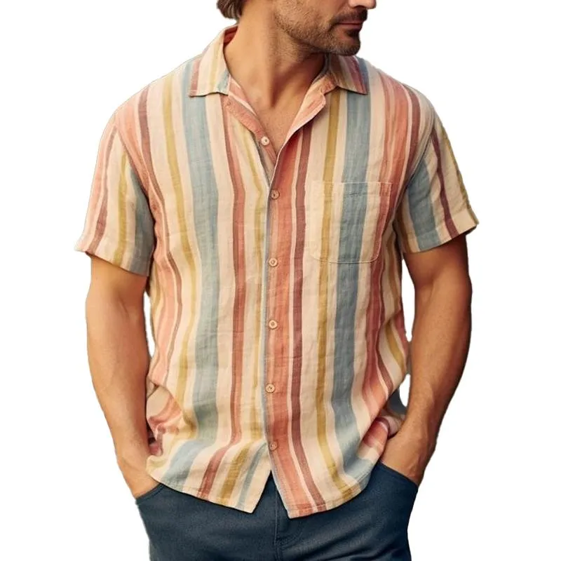 Men's Cotton and Linen Striped Contrast Print Short-sleeved Shirt 45465351X sold by Manly