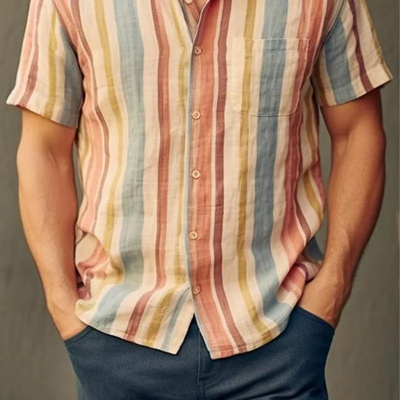 Men's Cotton and Linen Striped Contrast Print Short-sleeved Shirt 45465351X sold by Manly product image thumbnail 2