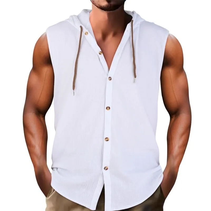 Men's Casual Sleeveless Cotton and Linen Hooded Loose Tank Top 90794426X sold by Manly