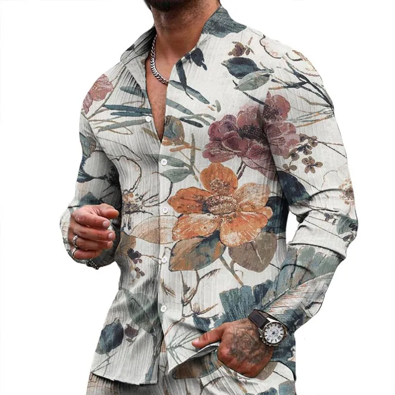 Men's Casual Floral Stand Collar Long Sleeve Shirt 36775612TO sold by Manly