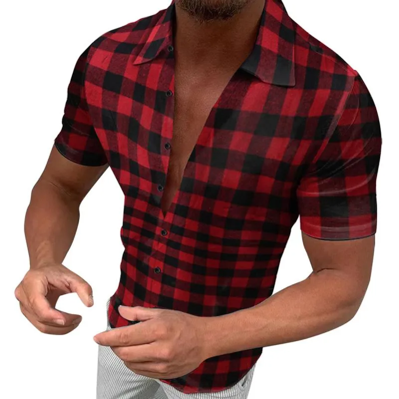 Men's Loose Plaid Shirt Casual Short Sleeve Lapel Shirt 18193566X sold by Manly