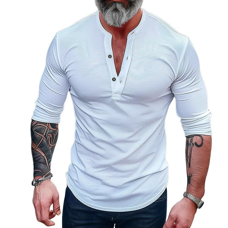 Men's Vintage Casual Solid Color Henley Long Sleeve T-Shirt 01675196TO sold by Manly