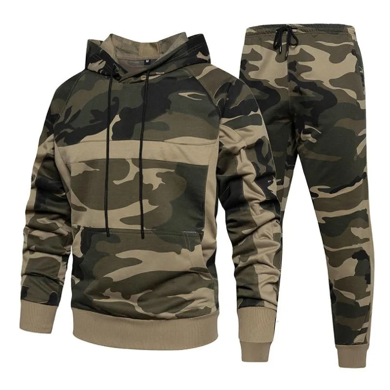 Men's Casual Loose Kangaroo Pocket Camouflage Hoodie Pants Set 75882511M sold by Manly