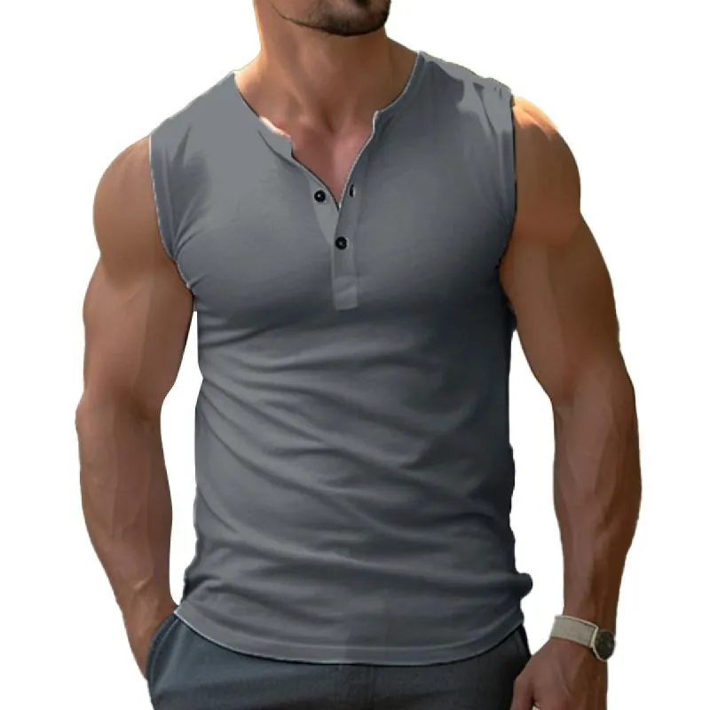 Men's Sports Casual Solid Color Henley Collar Tank Top 29461105Y sold by Manly