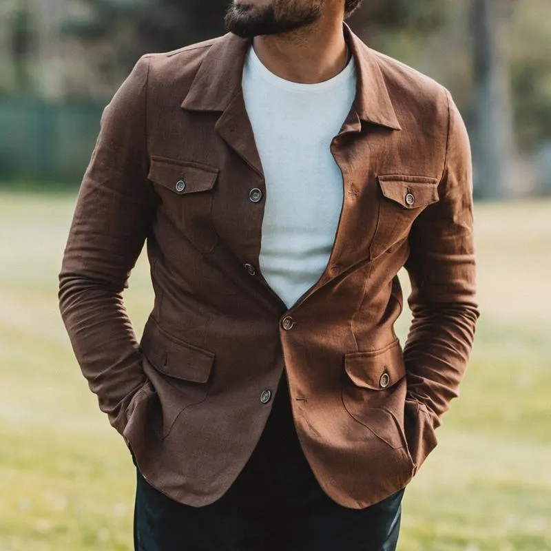 Men's Solid Color Cotton And Linen Lapel Multi-pocket Cargo Jacket 23485434Z sold by Manly product image thumbnail 2