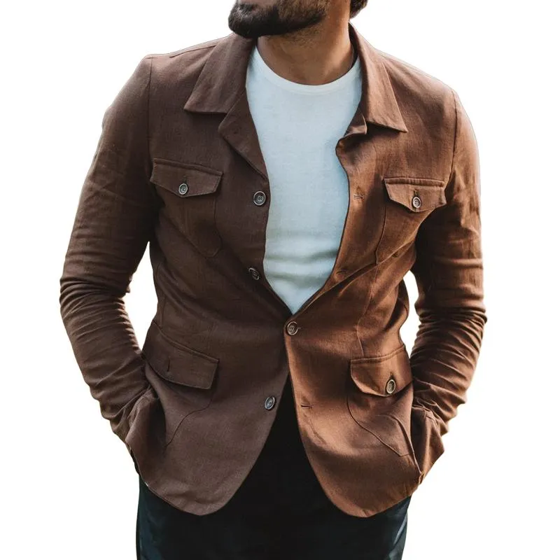 Men's Solid Color Cotton And Linen Lapel Multi-pocket Cargo Jacket 23485434Z sold by Manly