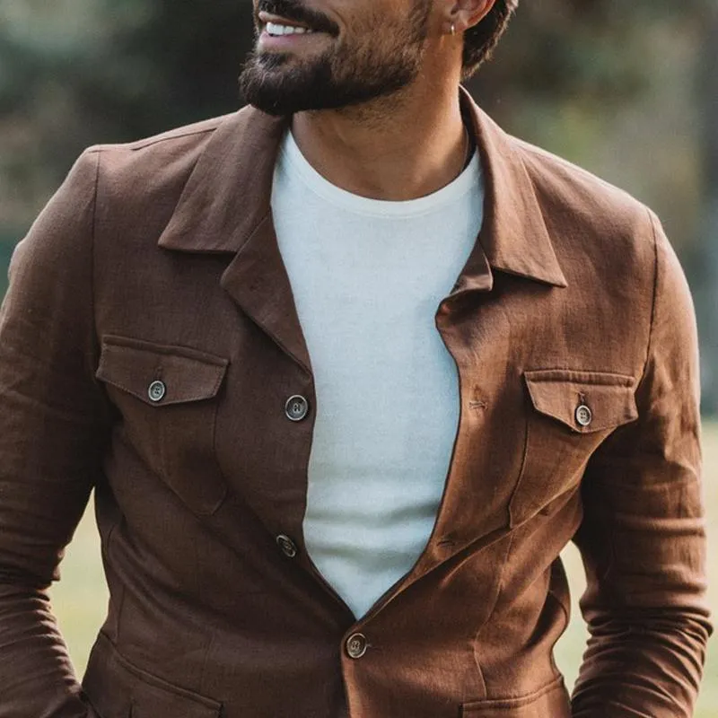 Men's Solid Color Cotton And Linen Lapel Multi-pocket Cargo Jacket 23485434Z sold by Manly product image thumbnail 3