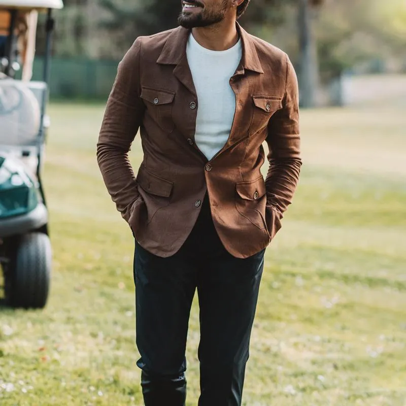 Men's Solid Color Cotton And Linen Lapel Multi-pocket Cargo Jacket 23485434Z sold by Manly product image thumbnail 4