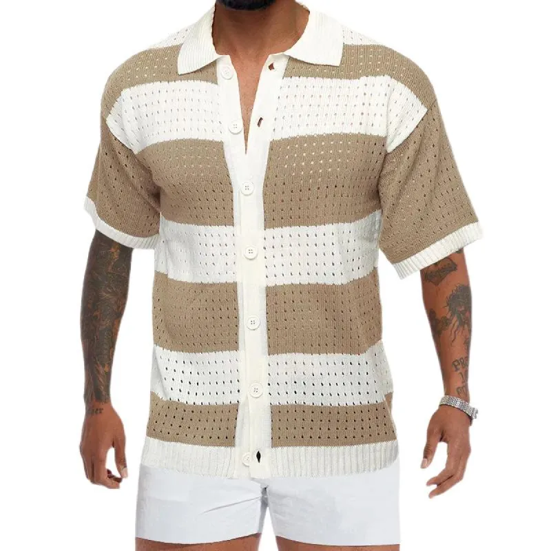 Men's Hollow Knit Striped Colorblock Short-Sleeved Polo Shirt 10228662Y sold by Manly