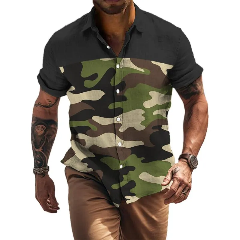 Men's Retro Color Block Camo Lapel Short Sleeve Shirt 55390584TO sold by Manly