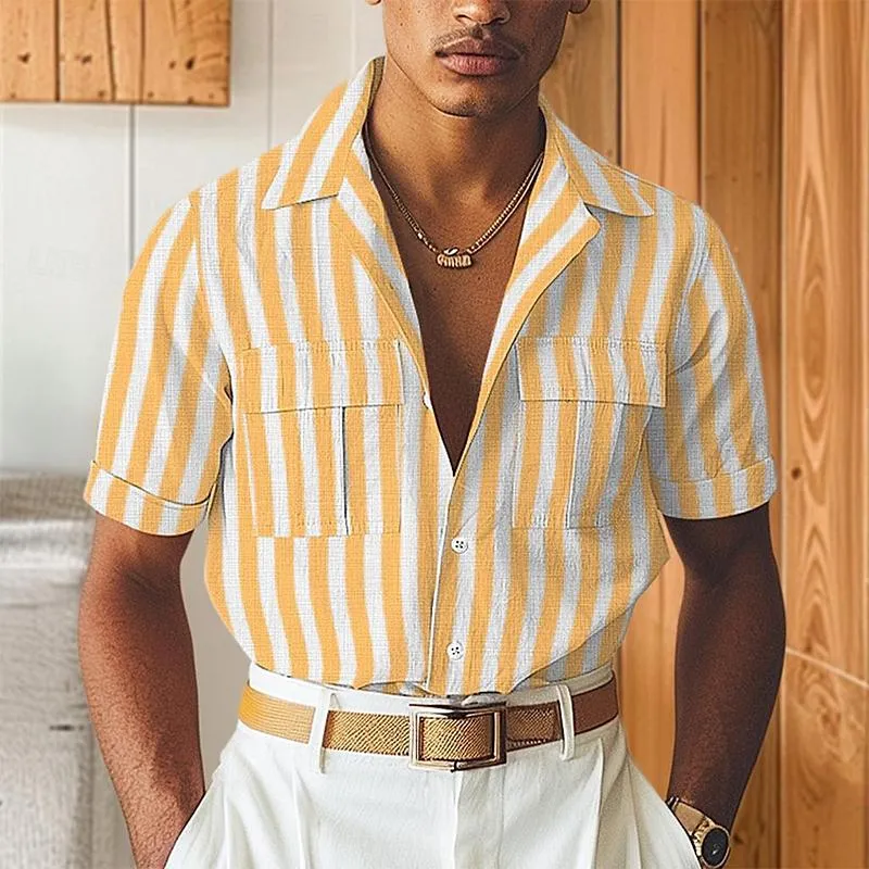 Men's Cotton and Linen Striped Lapel Multi-pocket Short-sleeved Shirt 16385010X sold by Manly product image thumbnail 2