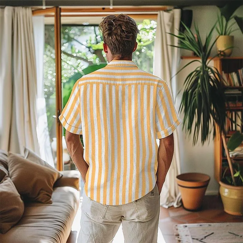 Men's Cotton and Linen Striped Lapel Multi-pocket Short-sleeved Shirt 16385010X sold by Manly product image thumbnail 3
