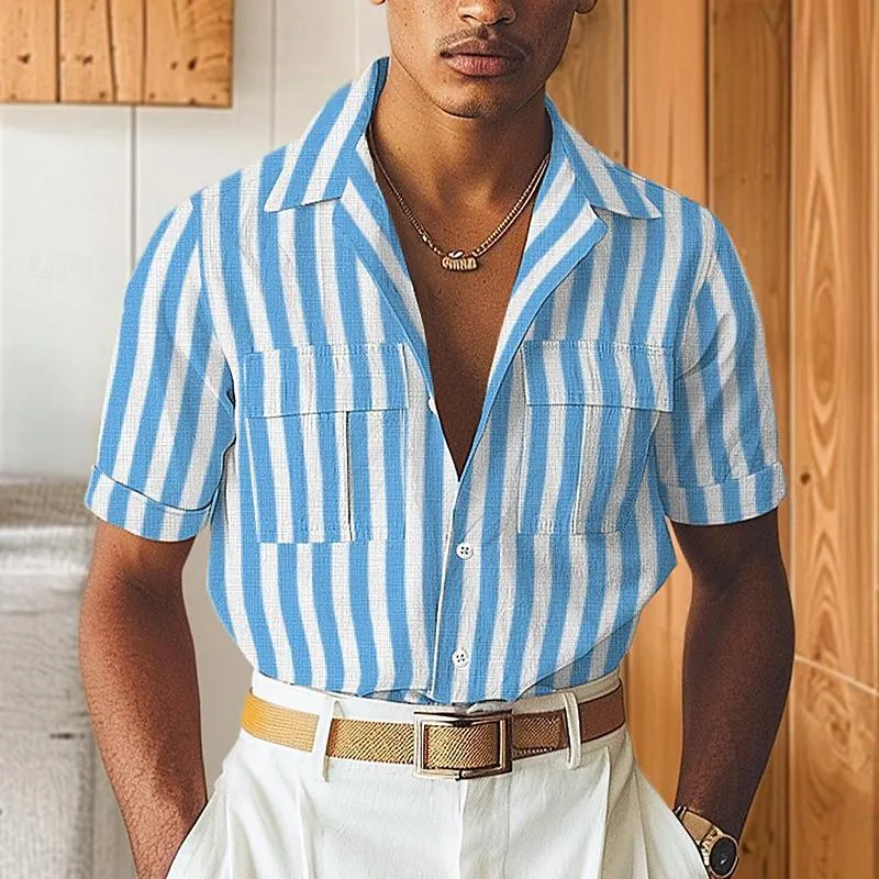Men's Cotton and Linen Striped Lapel Multi-pocket Short-sleeved Shirt 16385010X sold by Manly product image thumbnail 5