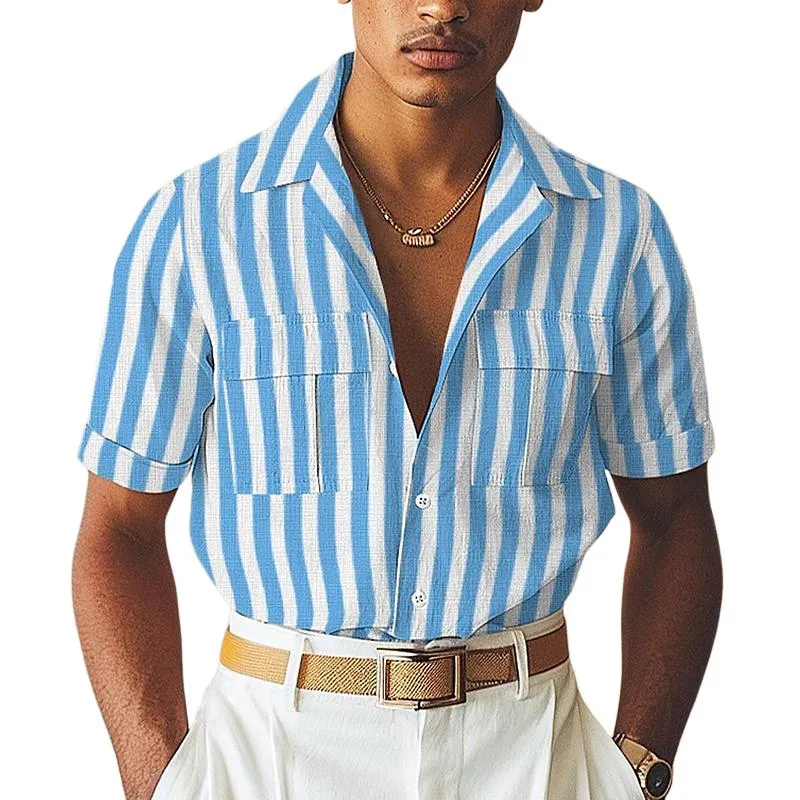 Men's Cotton and Linen Striped Lapel Multi-pocket Short-sleeved Shirt 16385010X sold by Manly