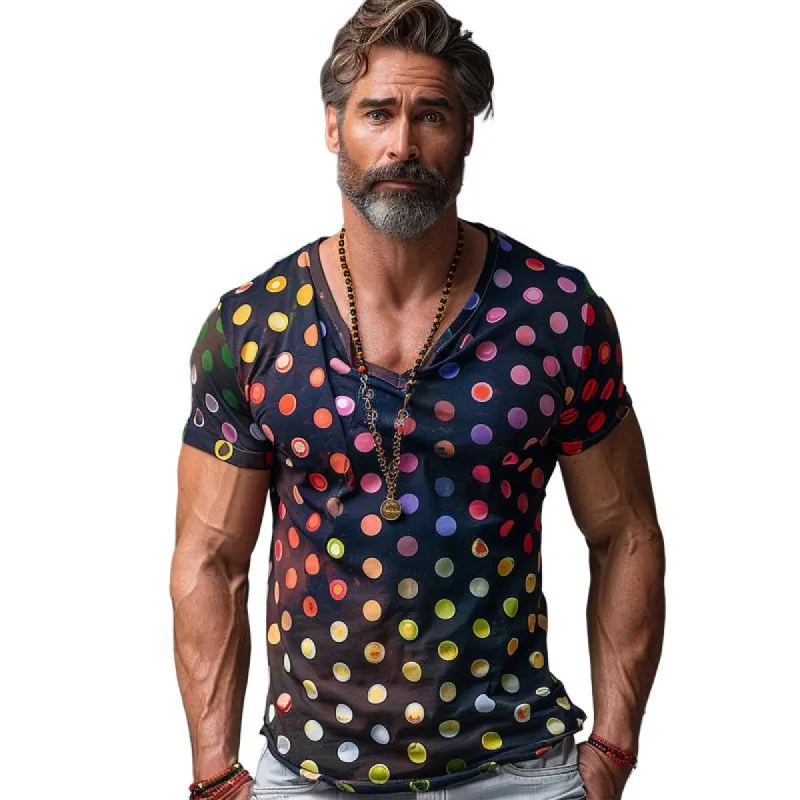 Men's Rainbow Polka Dot Print V-Neck Short Sleeve T-Shirt 53948973Y sold by Manly