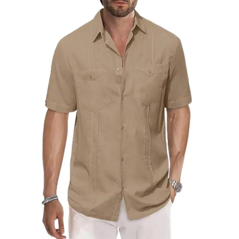 Men's Solid Color Double Pocket Cotton and Linen Short Sleeve Shirt 53225922Y sold by Manly