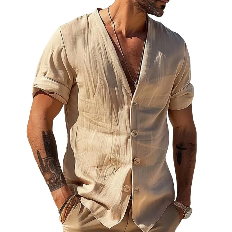 Men's Vintage Solid Color Cotton and Linen Shirt 26580266TO sold by Manly