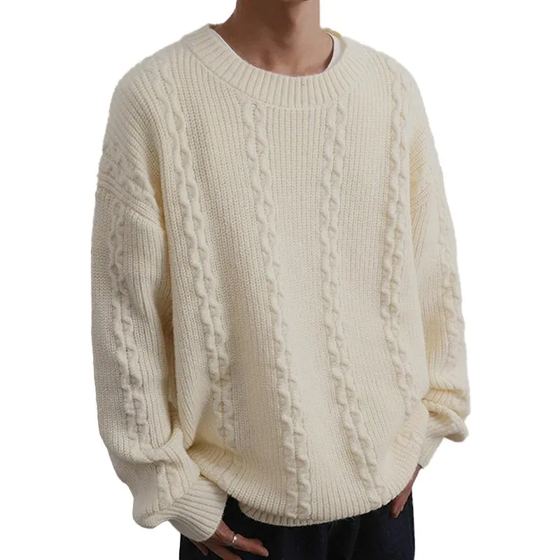 Men's Solid Cable Round Neck Loose Long Sleeve Sweater 94157368Z sold by Manly