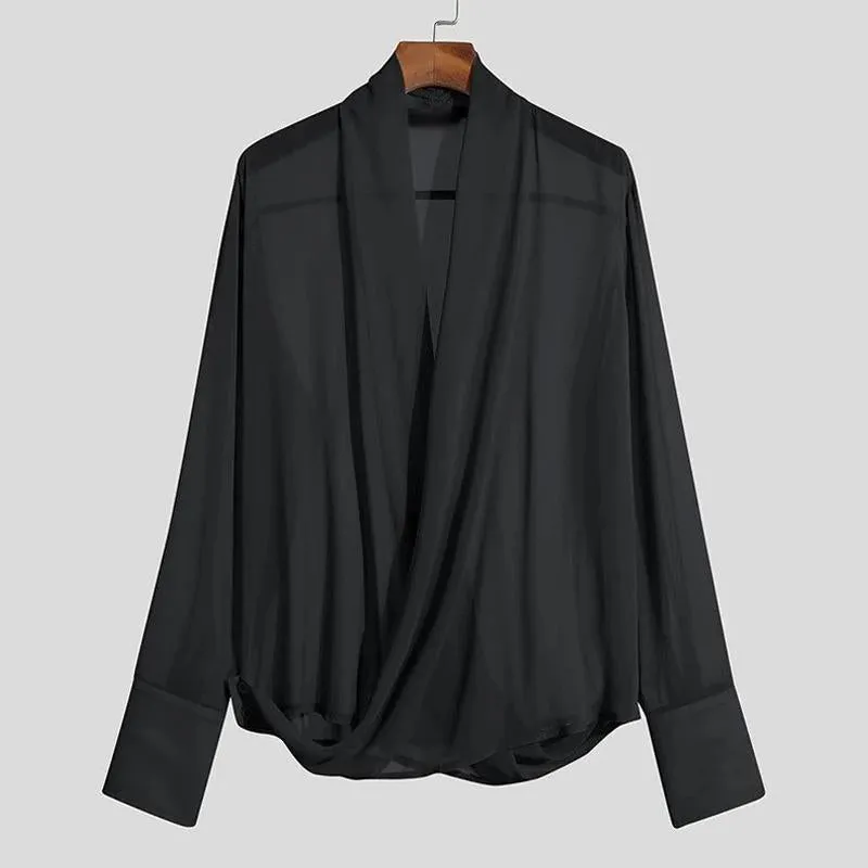 Men's Sexy Fashion V-neck Chiffon Twist Design Loose Long-sleeved Shirt 10578742M sold by Manly product image thumbnail 4