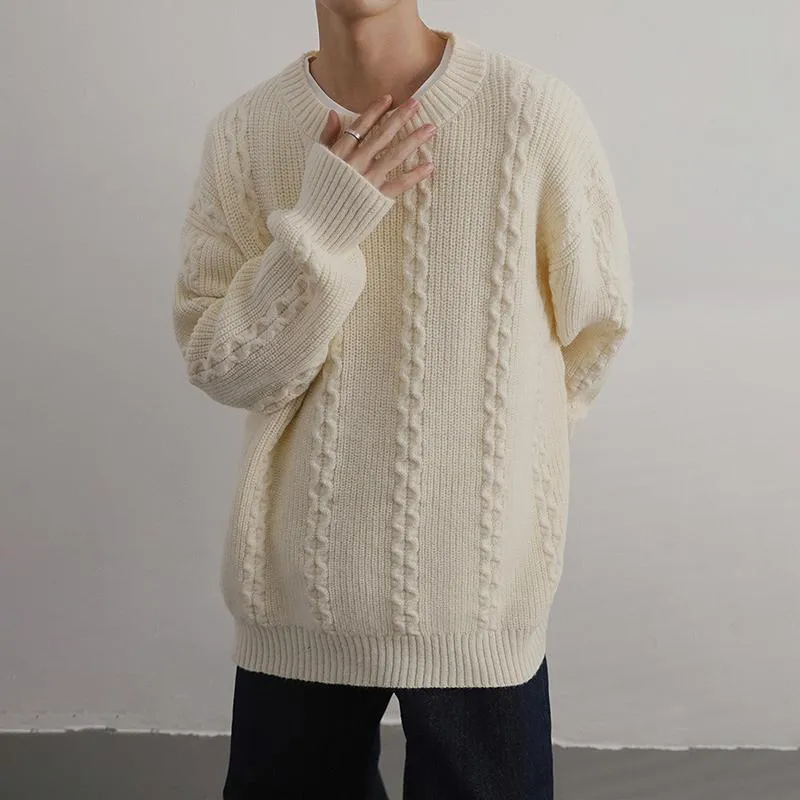 Men's Solid Cable Round Neck Loose Long Sleeve Sweater 94157368Z sold by Manly product image thumbnail 4