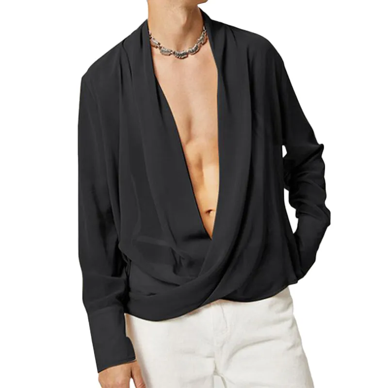 Men's Sexy Fashion V-neck Chiffon Twist Design Loose Long-sleeved Shirt 10578742M made by Manly