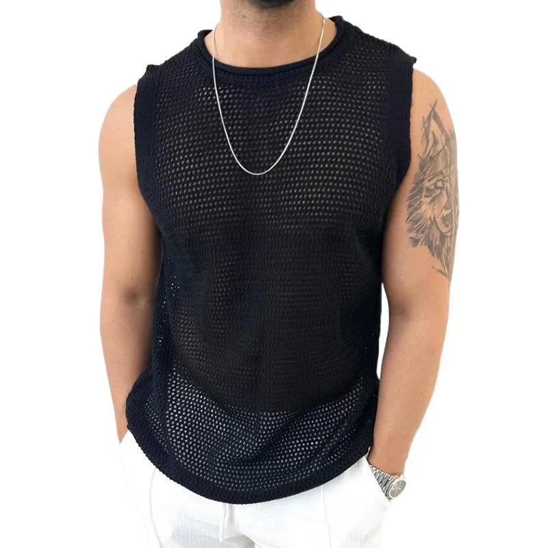 Men's Casual Round Neck Hollow Knitted Tank Top 61697808M sold by Manly