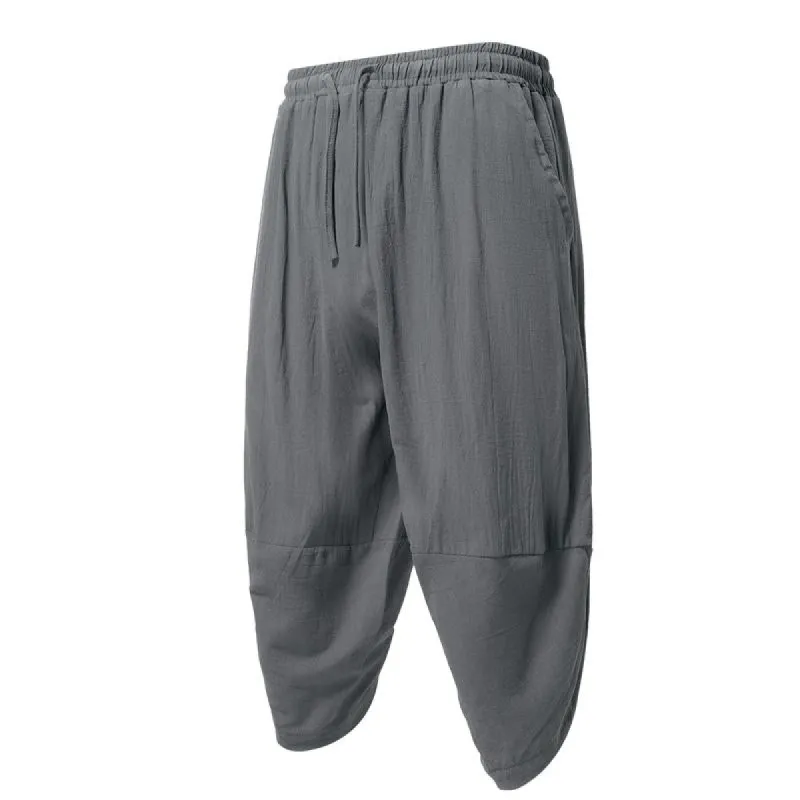 Men Solid Color Cotton Linen Loose Drawstring Cropped Pants 15770256Y sold by Manly