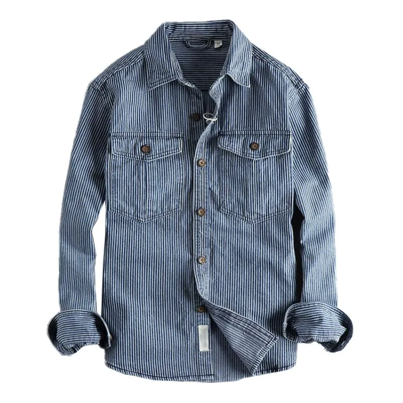 Men's Vintage Striped Washed Cargo Long Sleeve Denim Shirt 86916975Y sold by Manly