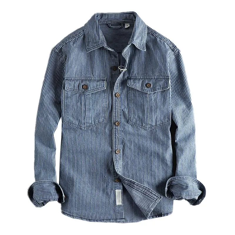 Men's Vintage Striped Washed Cargo Long Sleeve Denim Shirt 86916975Y sold by Manly