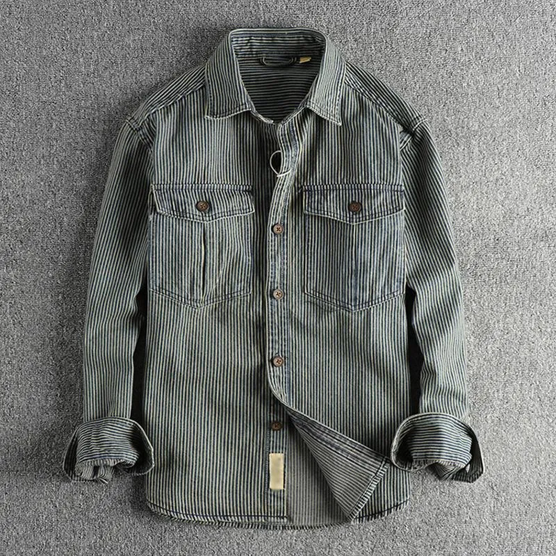 Men's Vintage Striped Washed Cargo Long Sleeve Denim Shirt 86916975Y sold by Manly product image thumbnail 3