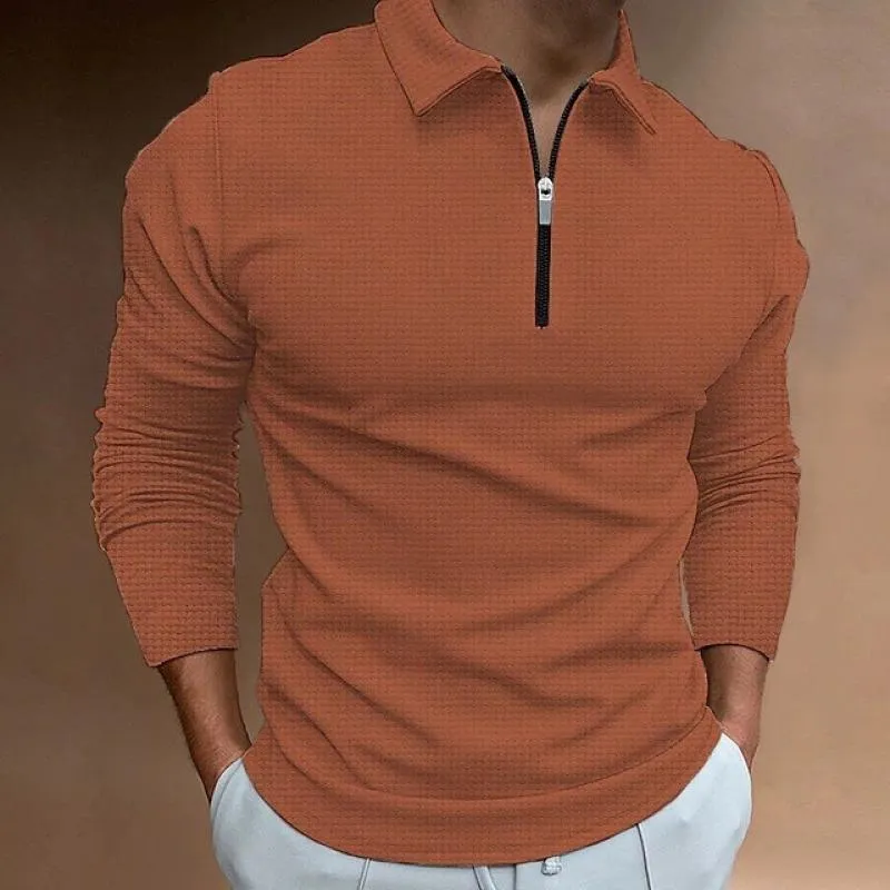 Men's Solid Waffle Zipper Lapel Long Sleeve Polo Shirt 84838929Z sold by Manly product image thumbnail 2