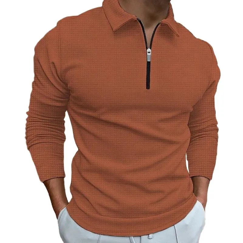 Men's Solid Waffle Zipper Lapel Long Sleeve Polo Shirt 84838929Z sold by Manly