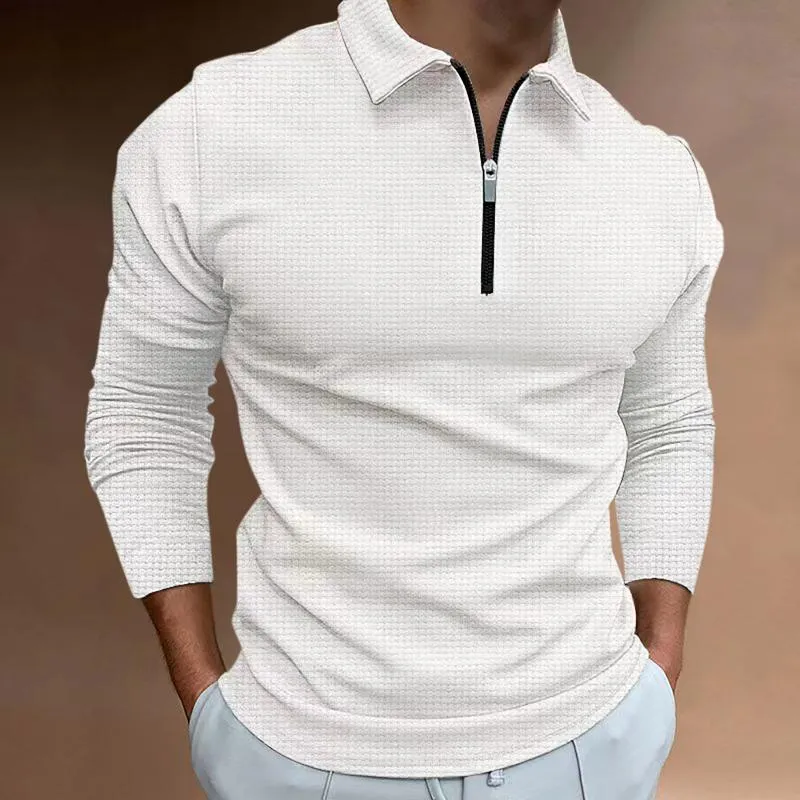 Men's Solid Waffle Zipper Lapel Long Sleeve Polo Shirt 84838929Z sold by Manly product image thumbnail 5