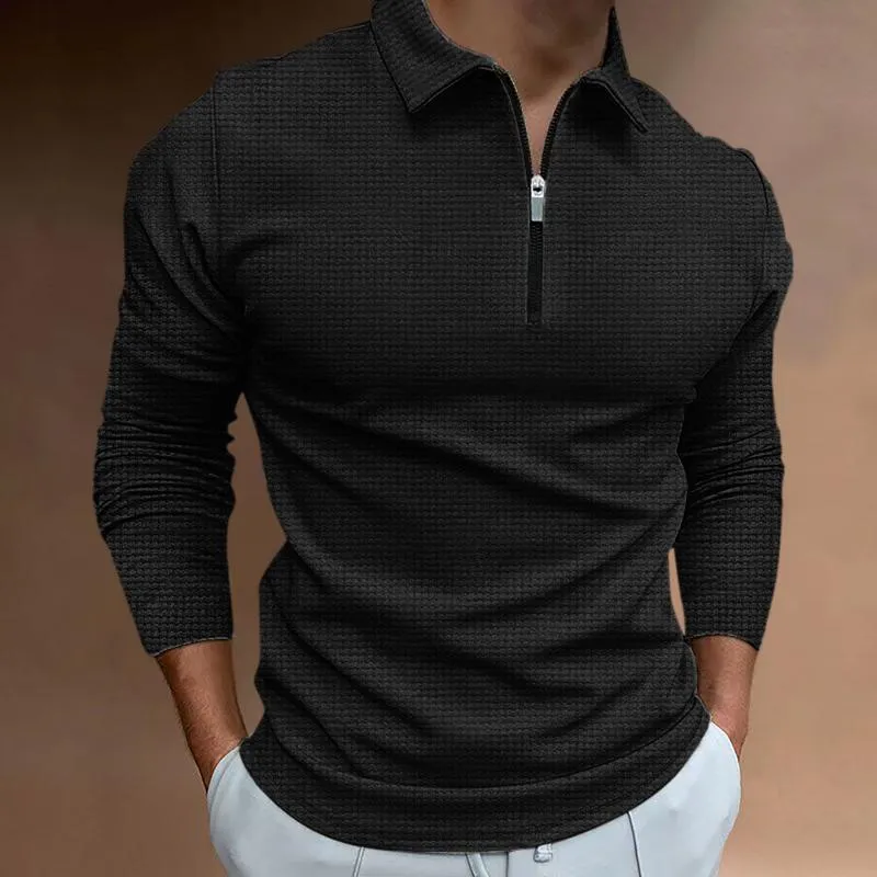 Men's Solid Waffle Zipper Lapel Long Sleeve Polo Shirt 84838929Z sold by Manly product image thumbnail 4
