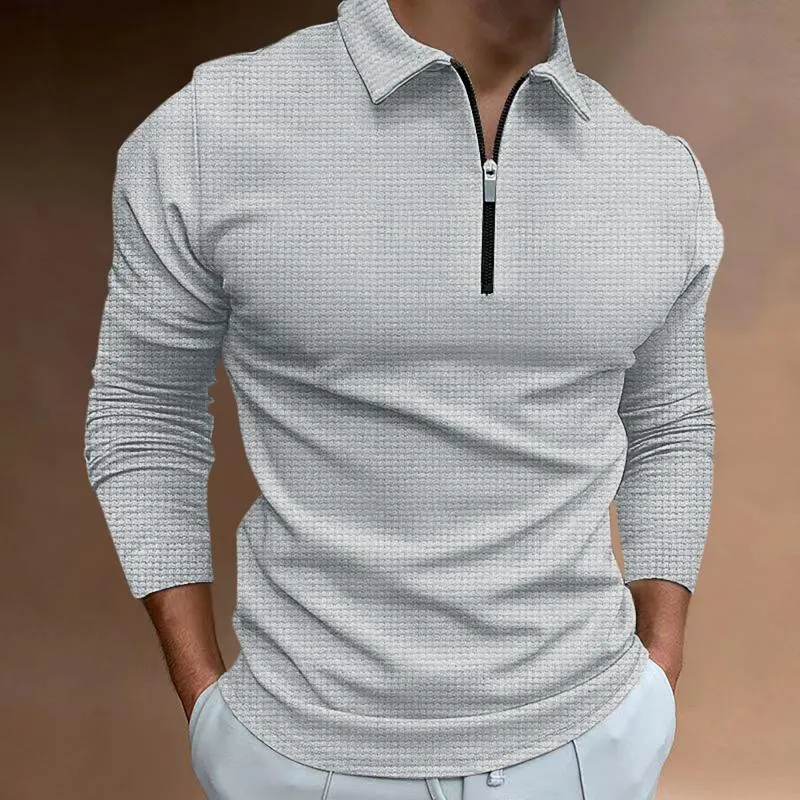Men's Solid Waffle Zipper Lapel Long Sleeve Polo Shirt 84838929Z sold by Manly product image thumbnail 3