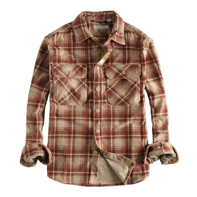 Men's Vintage Plaid Corduroy Lapel Slim Fit Long Sleeve Shirt 27053690M sold by Manly