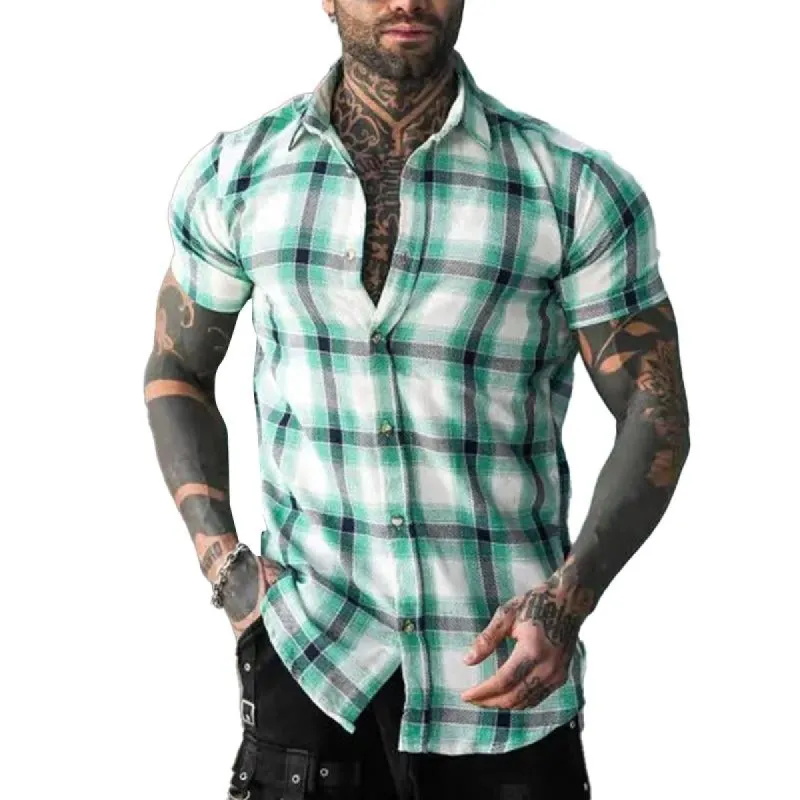 Men's Casual Check Print Lapel Short Sleeve Shirt 46637068Y sold by Manly