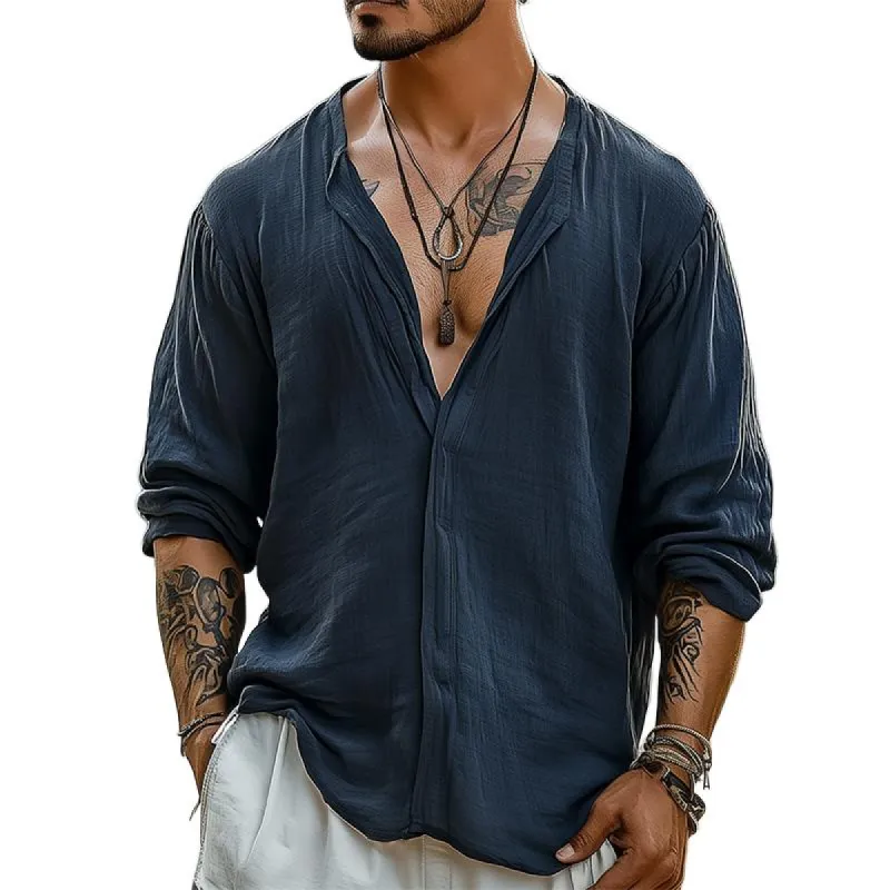 Men's Casual Retro Solid Color Long Sleeve Shirt 39904204TO sold by Manly