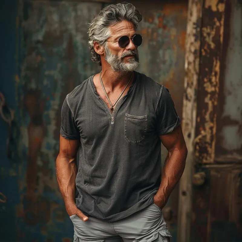 Men's Washed Distressed Zipper V-Neck Short-Sleeved T-Shirt 99345985Y sold by Manly product image thumbnail 2