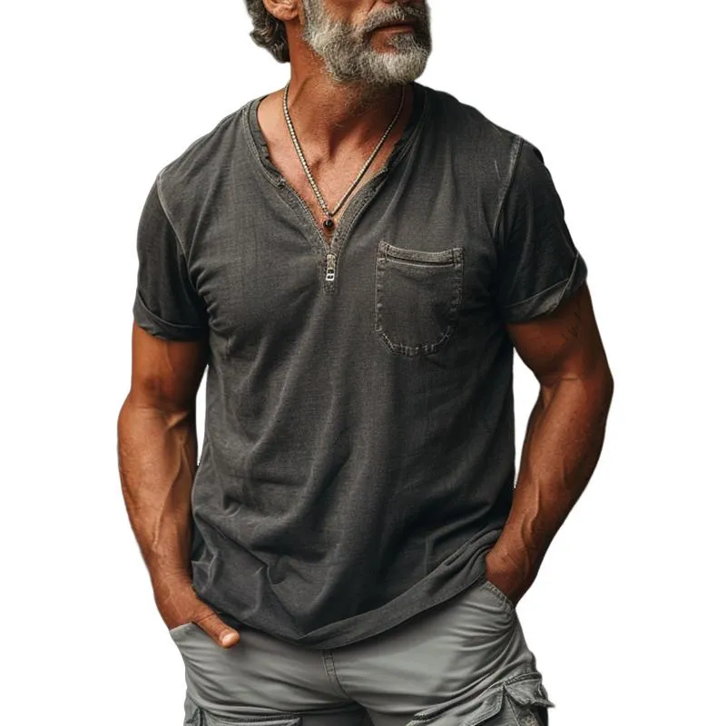 Men's Washed Distressed Zipper V-Neck Short-Sleeved T-Shirt 99345985Y sold by Manly