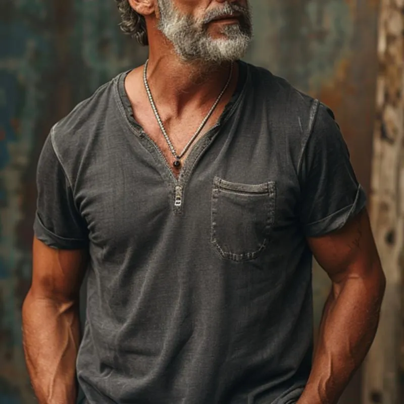 Men's Washed Distressed Zipper V-Neck Short-Sleeved T-Shirt 99345985Y sold by Manly product image thumbnail 3