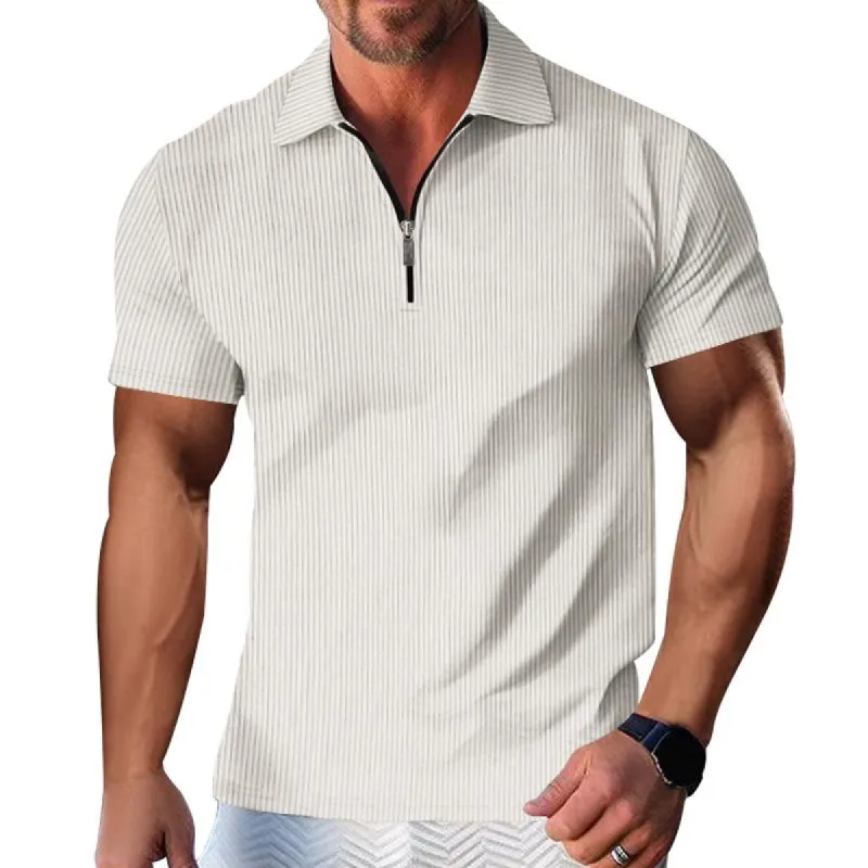 Men's Casual Striped Lapel Zipper Short Sleeve Polo Shirt 38941139M sold by Manly
