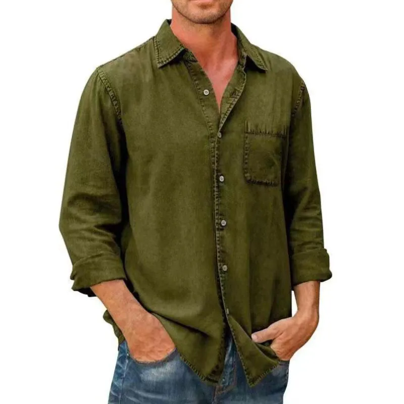 Men's Lapel Solid Color Pocket Long Sleeve Washed Shirt 94109377M sold by Manly
