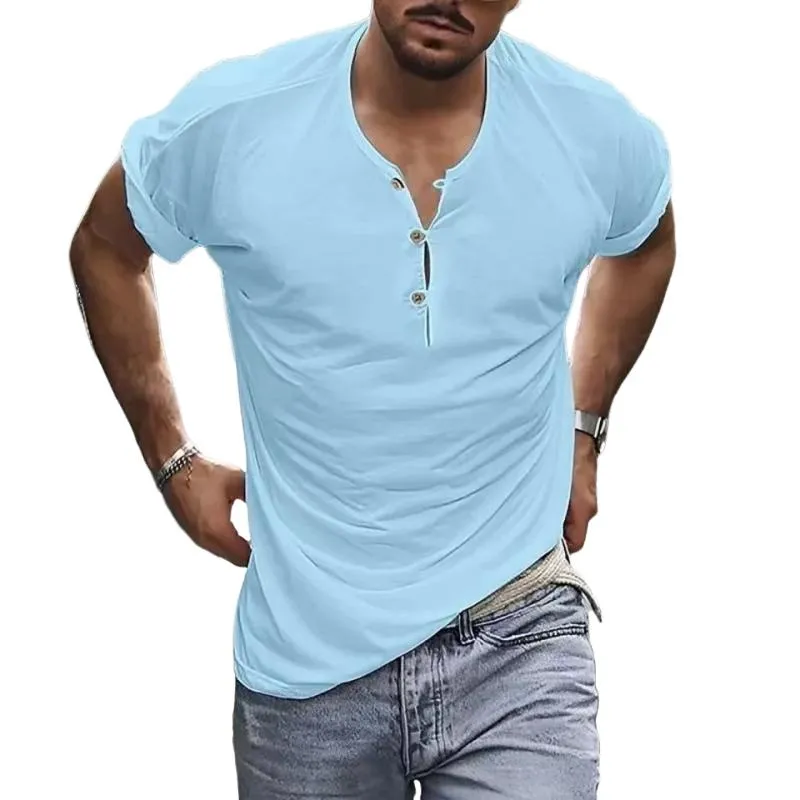 Men's Casual Solid Color Henley Collar Short Sleeve T-Shirt 15114276Y sold by Manly