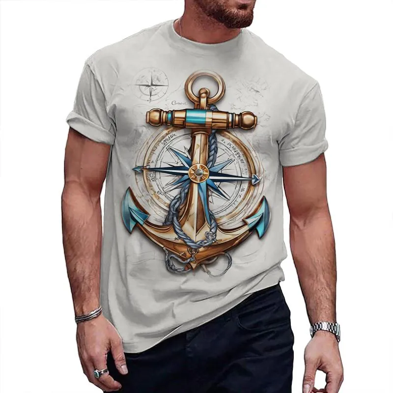 Men's Casual Cartoon Anchor Round Neck Short Sleeve T-Shirt 38424718TO made by Manly