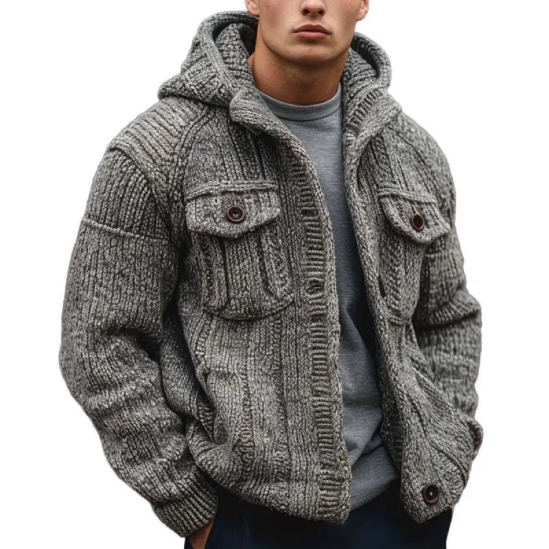Men's Solid Color Striped Textured Hooded Knitted Cardigan 59382802X sold by Manly