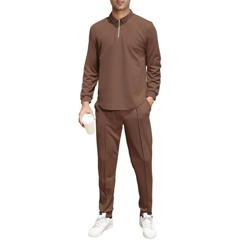 Men's Casual Solid Color Long Sleeve Polo Shirt and Pants Set 08398568Y sold by Manly