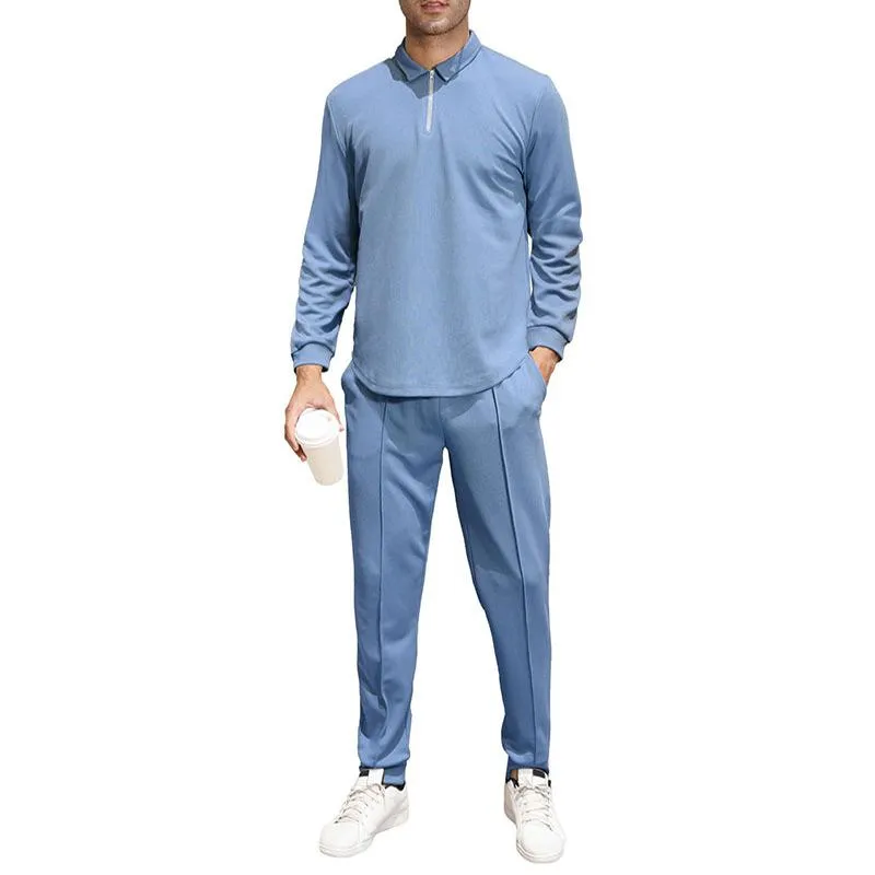 Men's Casual Solid Color Long Sleeve Polo Shirt and Pants Set 08398568Y sold by Manly product image thumbnail 3