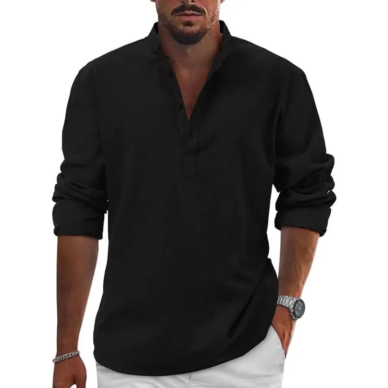 Men's Cotton And Linen Solid Henley Collar Long Sleeve Shirt 37752136Z sold by Manly product image thumbnail 3