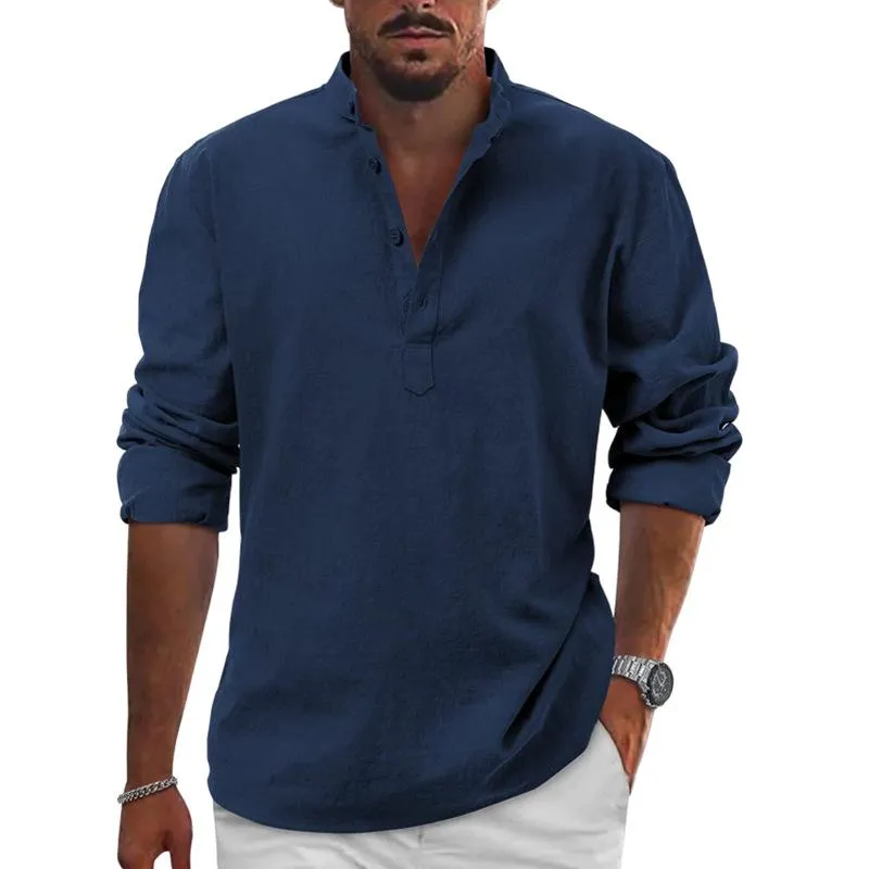 Men's Cotton And Linen Solid Henley Collar Long Sleeve Shirt 37752136Z sold by Manly